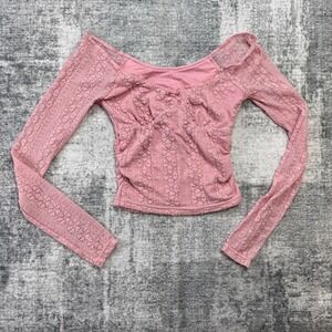 Aeropostale Crop Top Womens XS Pink Lace Ruched Boat Neck Bow Coquette Cottage